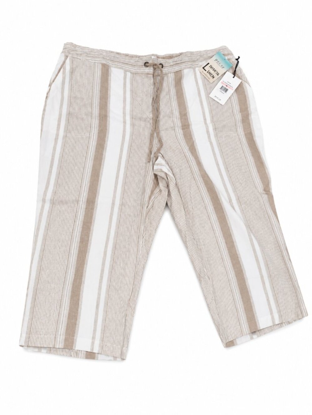 Per SE Women's 2X Linen Blend Capri Pants NWT Stretch Waist Beige & White Stripe